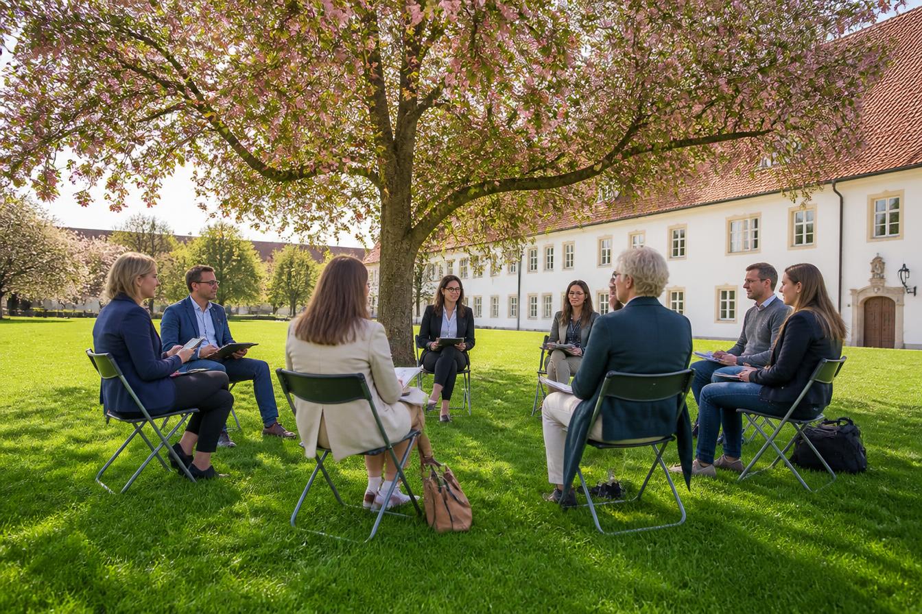 Lehrgangsgruppe im Kreis sitzend unter einem blühenden Tulpenbaum im Klostergarten