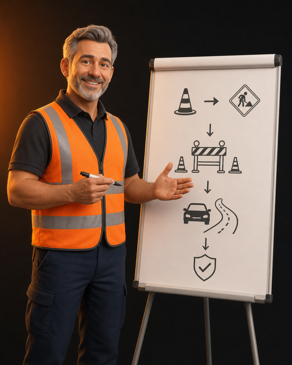 Dozent in orangefarbener Warnweste erklärt Straßenbetriebsmanagement an einem Flipchart