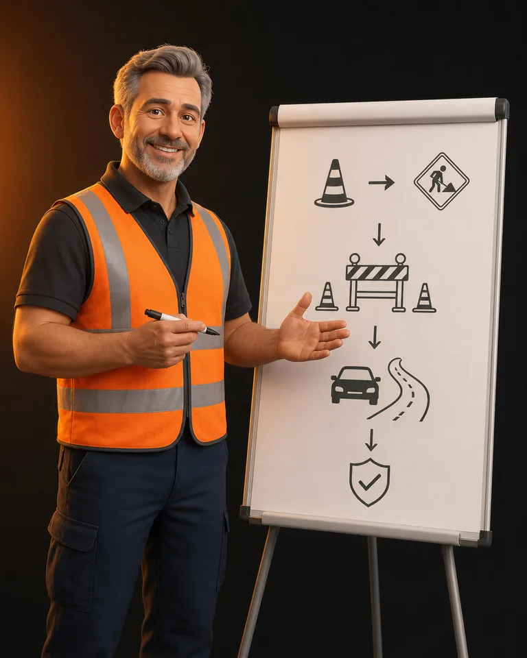 Dozent in orangefarbener Warnweste erklärt Straßenbetriebsmanagement an einem Flipchart